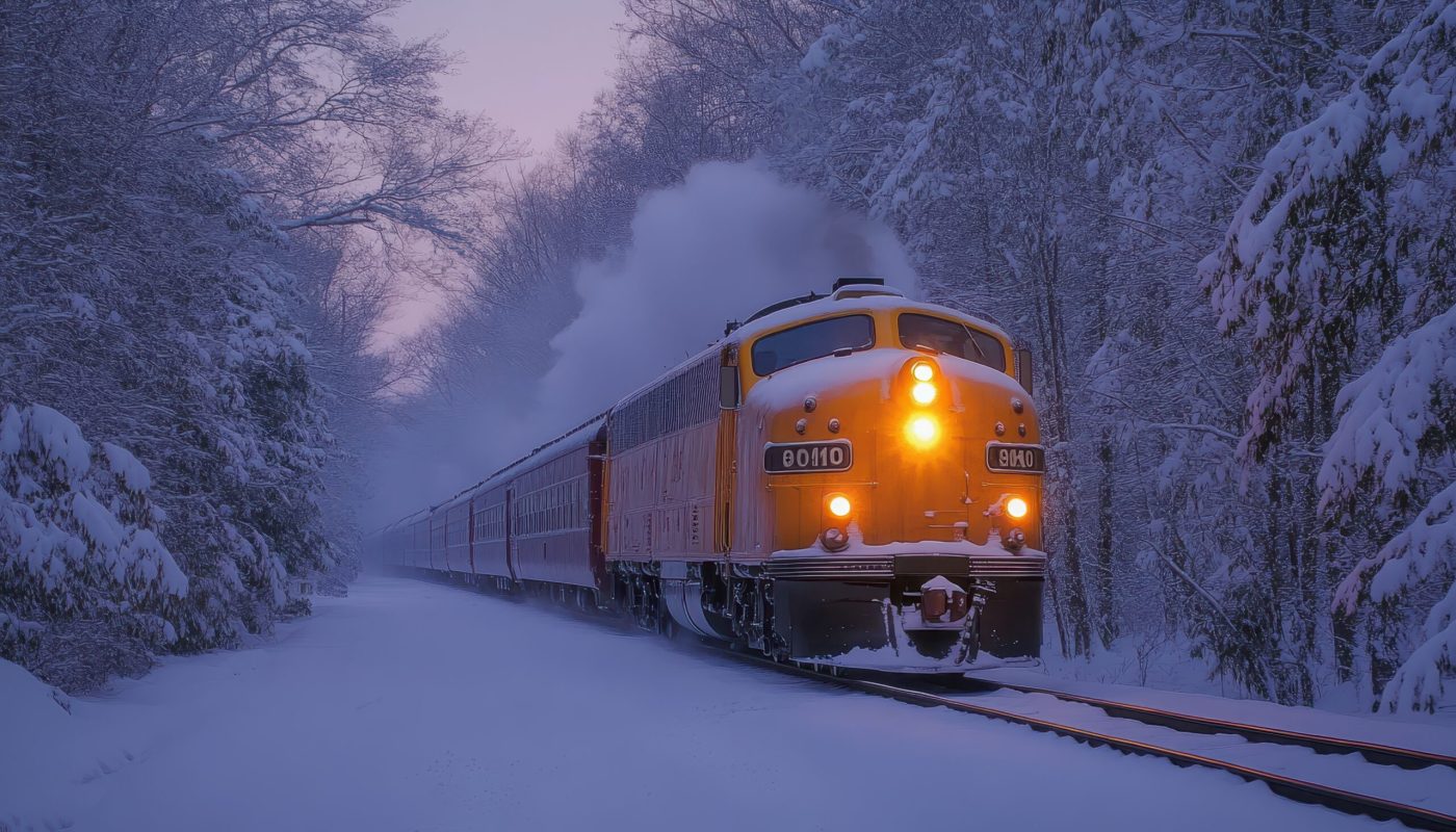 a train on a track with smoke coming out of the snow